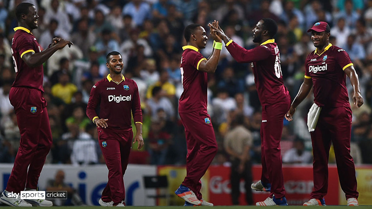 The West Indies Men's cricket team celebrating