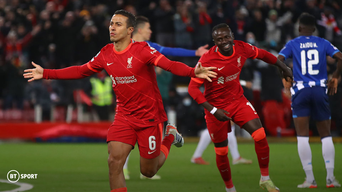 Thiago Alcântara scoring for Liverpool against Porto at Anfield