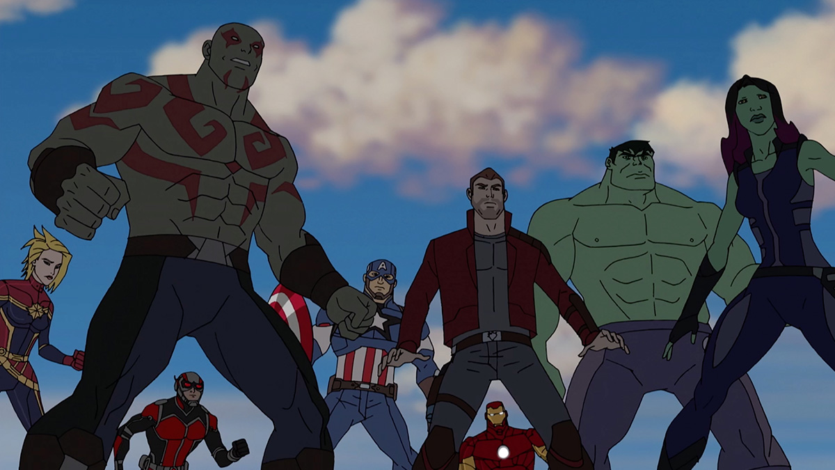 Captain Marvel, Drax, Ant-Man, Captain America, Star-Lord, Iron Man, Hulk and Gamora