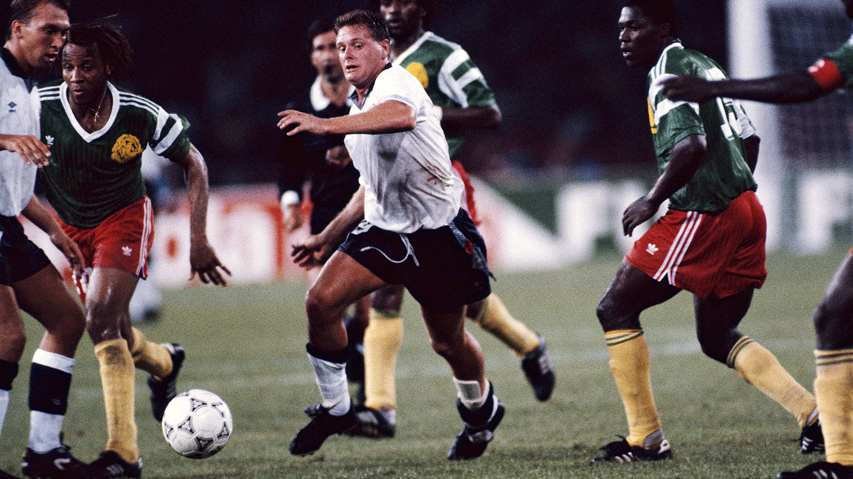 Paul Gascoigne playing for England against Cameroon at the 1990 FIFA World Cup