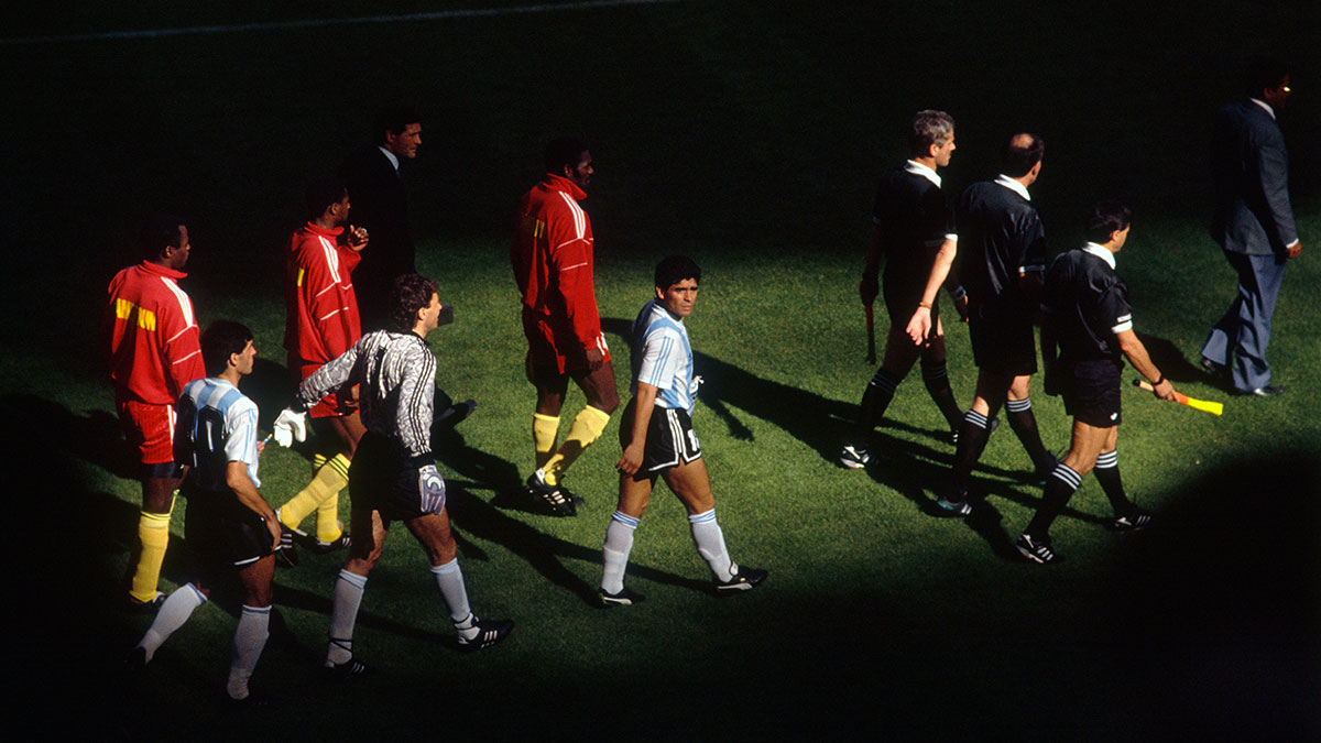 Diego Maradona leading Argentina out against Cameroon at the 1990 FIFA World Cup