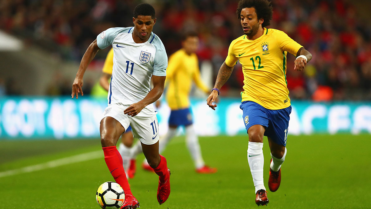 Marcus Rashford playing for England against Brazil