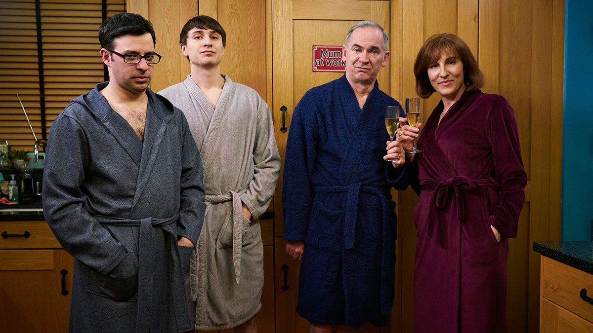 Simon Bird, Tom Rosenthal, Paul Ritter and Tamsin Greig in Friday Night Dinner