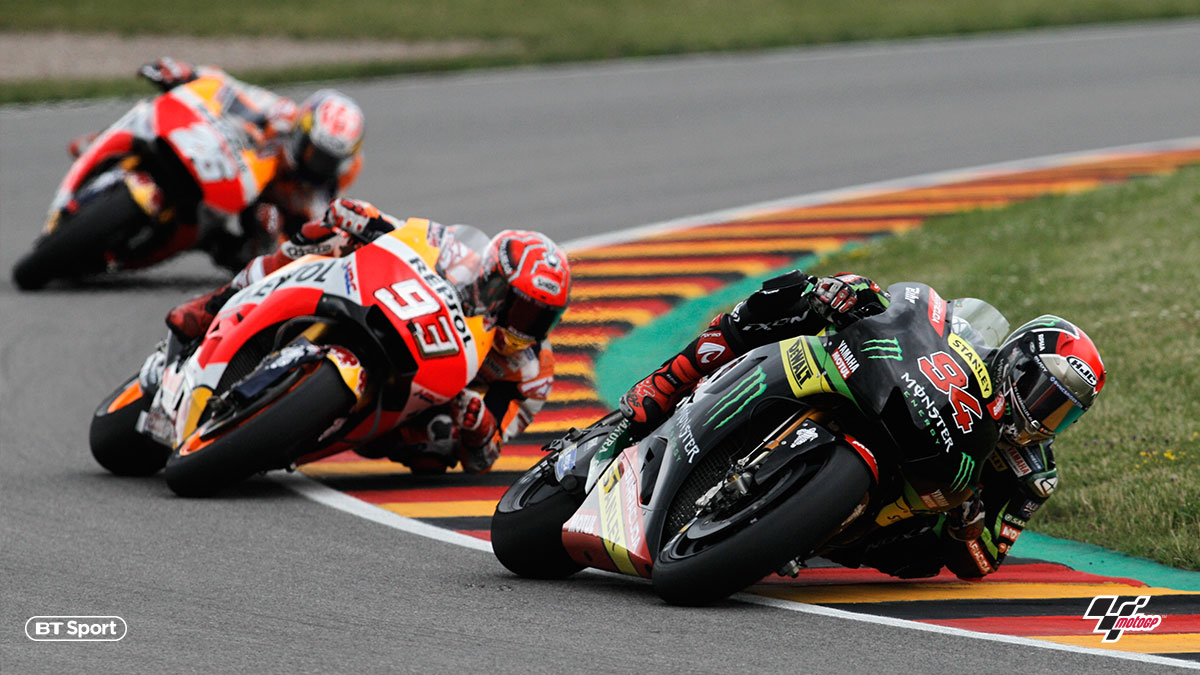 Jonas Folger being chases by Marc Márquez and Dani Pedrosa at the 2017 German MotoGP