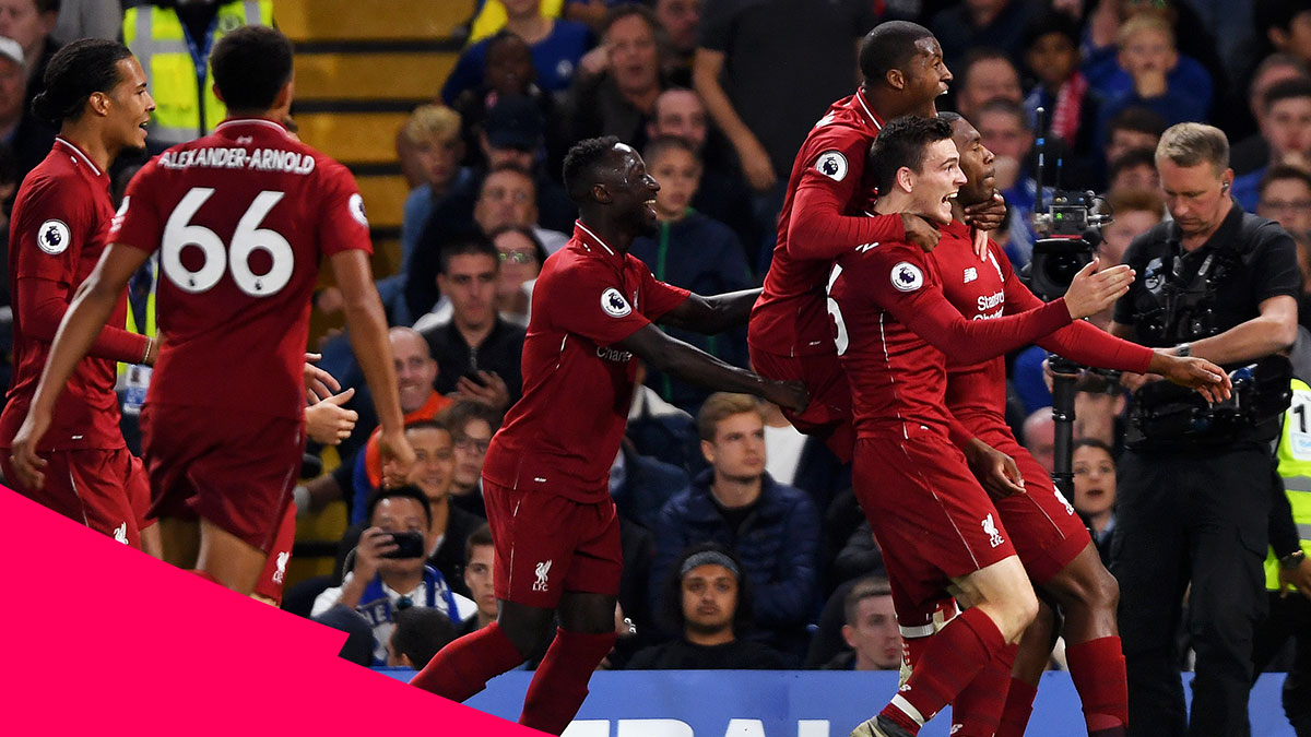 Daniel Sturridge and his Liverpool teammates celebrating after his equaliser in their 1-1 draw with Chelsea at Stamford Bridge